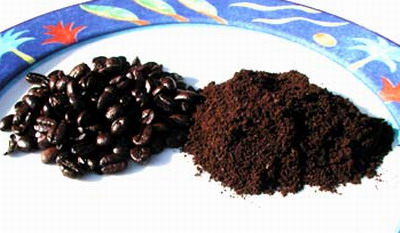    咖啡豆（左）和浓缩咖啡粉（右）